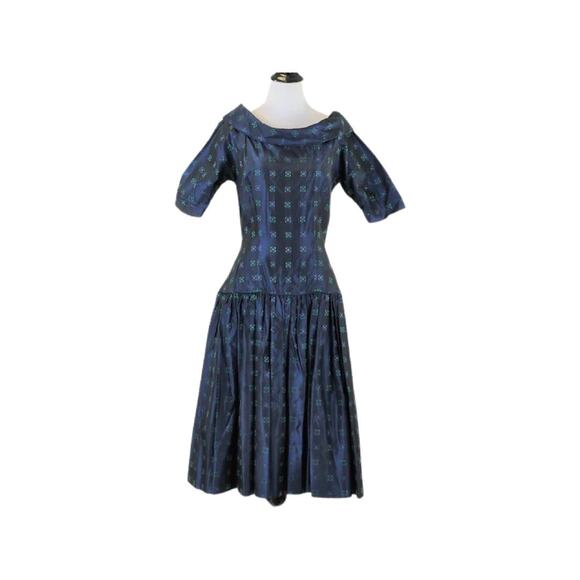 1950s Navy Blue Day Dress Purple Green Geometric Print Size Small - Picture 2 of 14